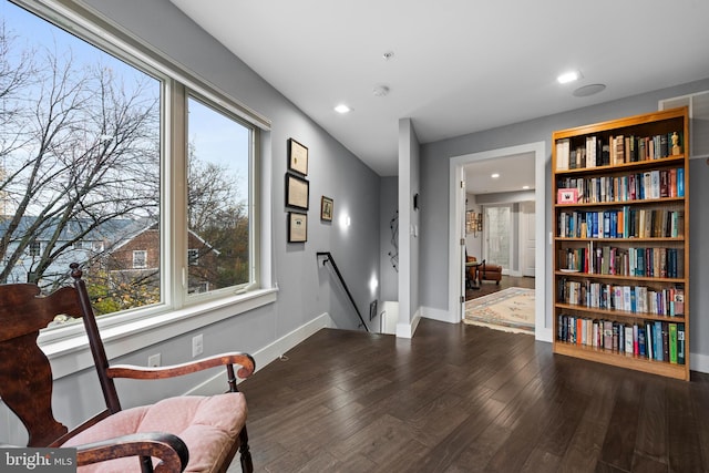 sitting room featuring dark hardwood / wood-style floors and a healthy amount of sunlight