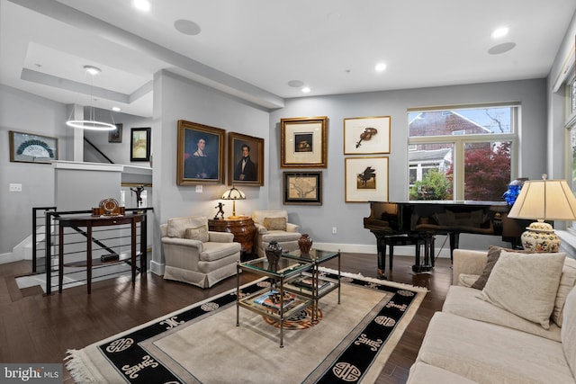 living room with dark wood-type flooring