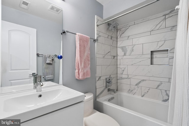 full bathroom with vanity, toilet, and shower / bathtub combination with curtain