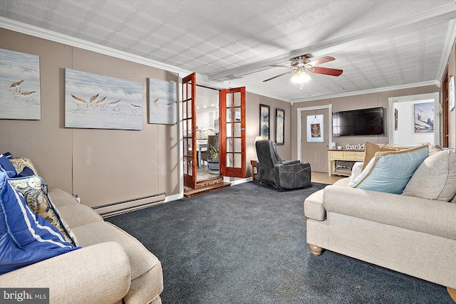 living room with carpet floors, ceiling fan, ornamental molding, baseboard heating, and french doors