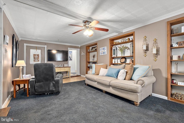 carpeted living room featuring ceiling fan and ornamental molding