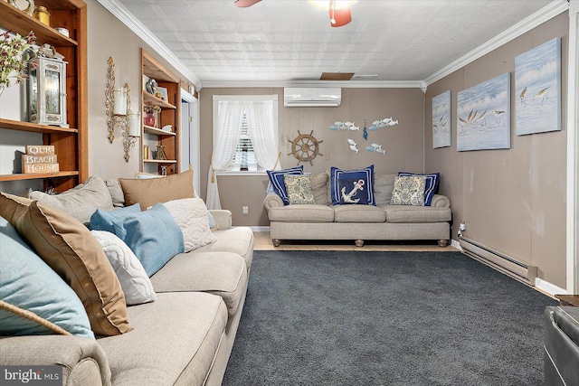 living room with ceiling fan, an AC wall unit, crown molding, and a baseboard radiator