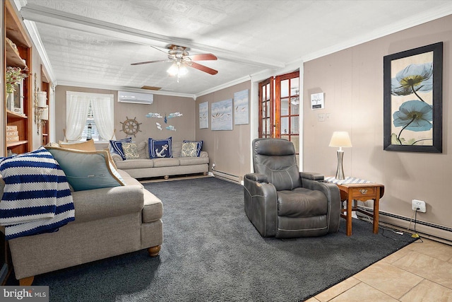 tiled living room featuring a baseboard heating unit, ceiling fan, ornamental molding, and an AC wall unit