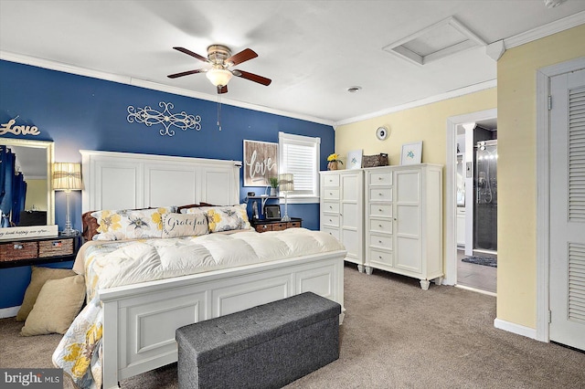 bedroom featuring ceiling fan, carpet flooring, and ornamental molding