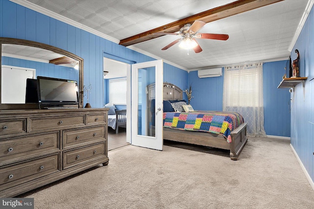 bedroom with ceiling fan, a wall mounted air conditioner, light colored carpet, french doors, and ornamental molding