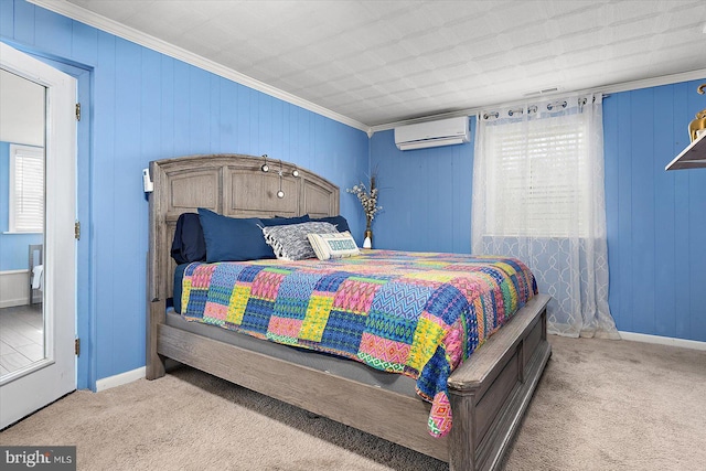 carpeted bedroom featuring ornamental molding and a wall mounted air conditioner