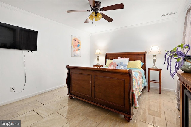 bedroom featuring ceiling fan and ornamental molding