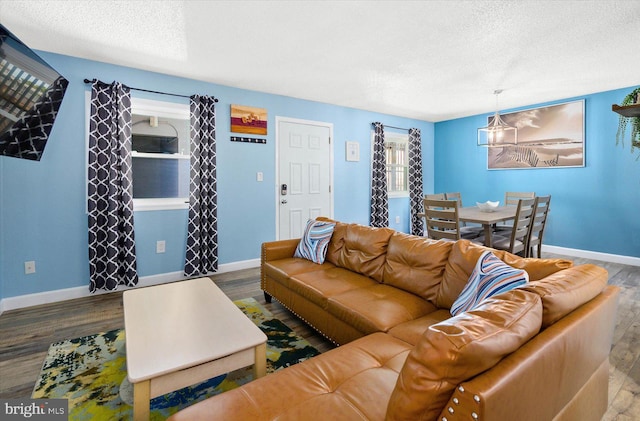 living room with hardwood / wood-style floors and a textured ceiling