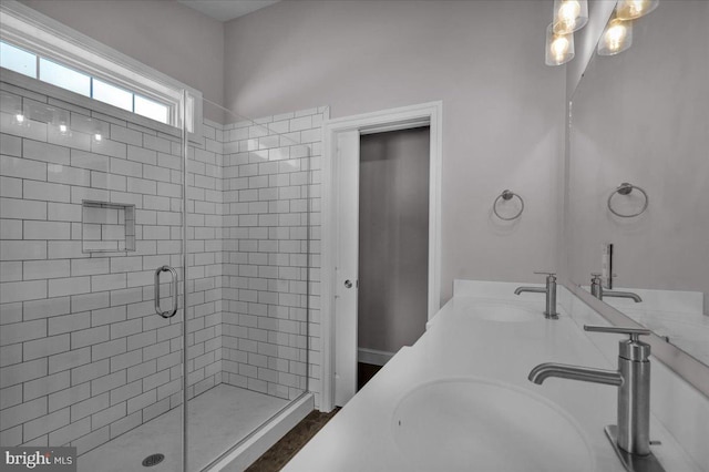 bathroom with vanity and a shower with shower door