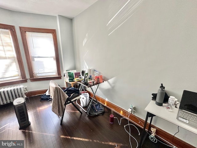 office space featuring radiator heating unit and hardwood / wood-style flooring