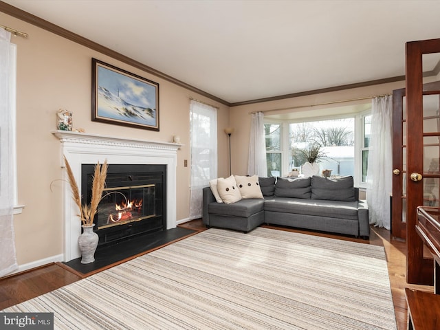 living room featuring crown molding and wood-type flooring