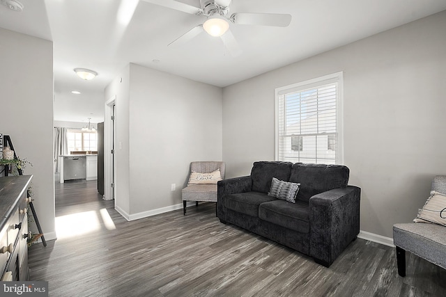 living room featuring ceiling fan, plenty of natural light, and dark wood-type flooring