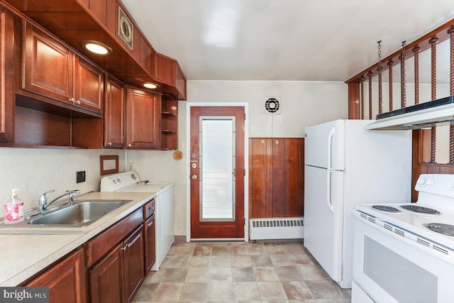 kitchen with radiator, sink, and white electric range oven