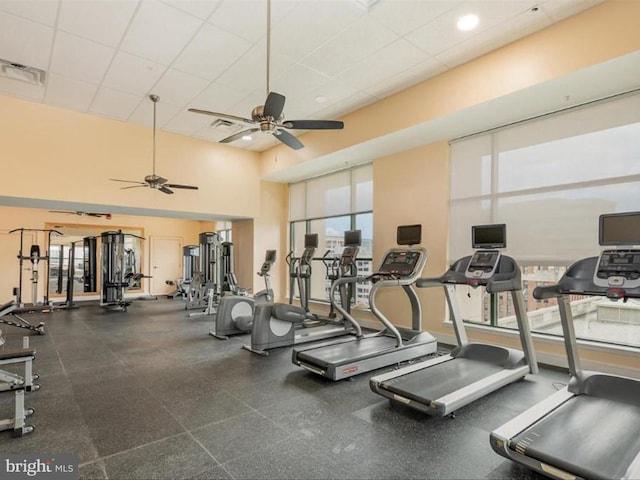 gym with a towering ceiling, a paneled ceiling, ceiling fan, and a healthy amount of sunlight