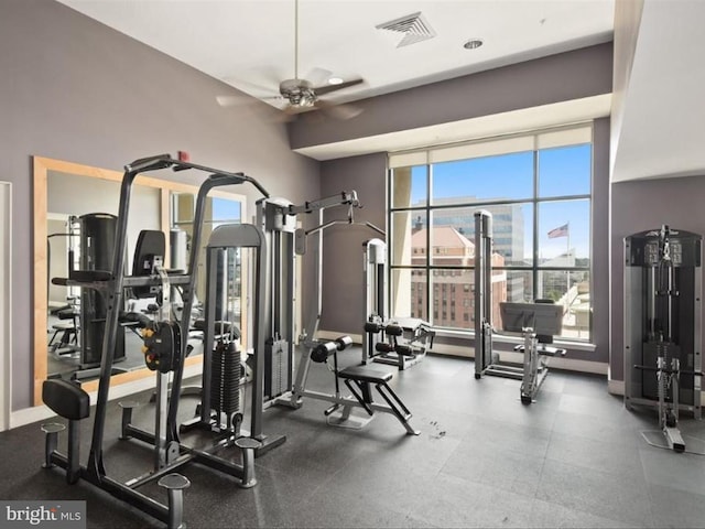 exercise room with a healthy amount of sunlight and ceiling fan