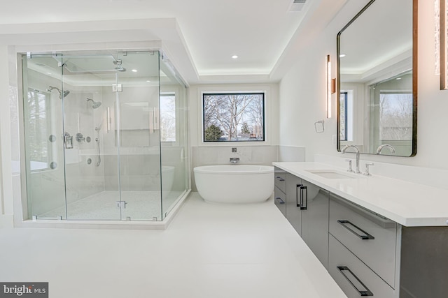 bathroom featuring a raised ceiling, vanity, and separate shower and tub