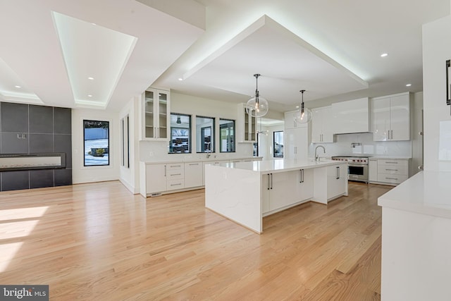 kitchen with a tray ceiling, pendant lighting, a large island, high end stove, and white cabinets