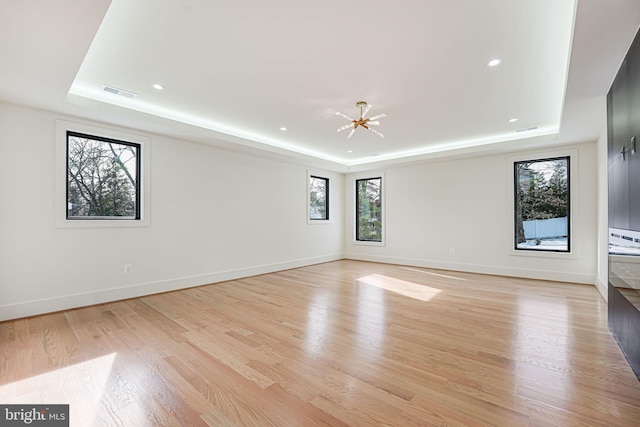 empty room with a tray ceiling and light wood-type flooring