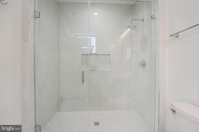 bathroom featuring a shower with shower door and toilet