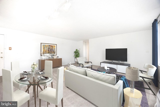 living room with light colored carpet and track lighting