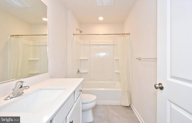 full bathroom featuring tile patterned floors, vanity, shower / tub combo, and toilet