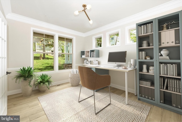 office featuring light wood-type flooring and ornamental molding