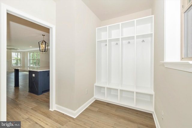 mudroom with hardwood / wood-style flooring and ceiling fan with notable chandelier