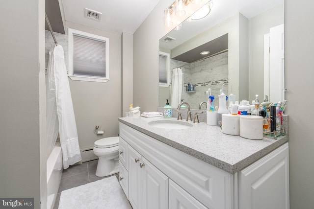 full bathroom featuring shower / bath combo, vanity, a baseboard radiator, tile patterned flooring, and toilet