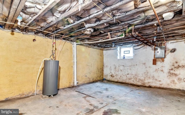 basement with gas water heater and electric panel