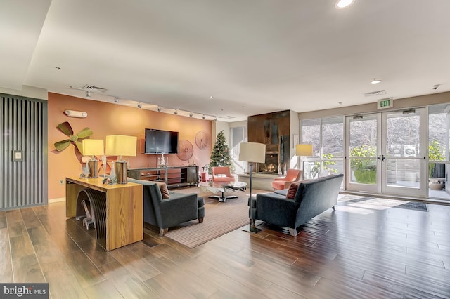 living room featuring french doors and track lighting