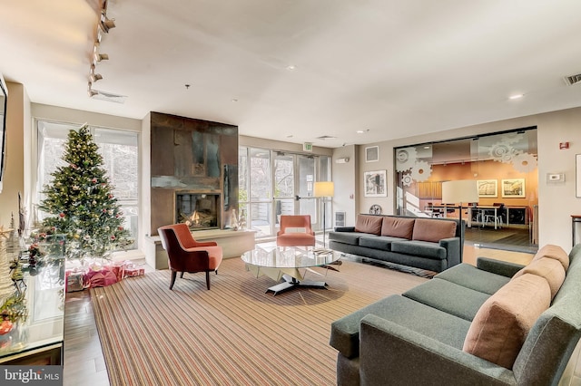 living room featuring a wealth of natural light, a fireplace, hardwood / wood-style floors, and track lighting