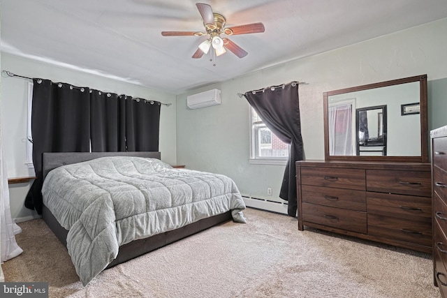 carpeted bedroom with baseboard heating, a wall mounted AC, and ceiling fan