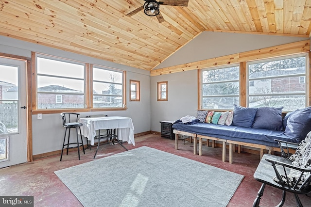 interior space with ceiling fan, plenty of natural light, lofted ceiling, and wood ceiling