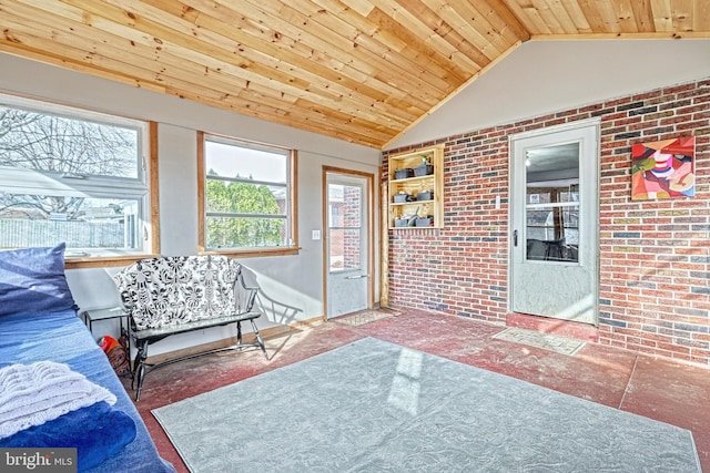 sunroom with lofted ceiling and wood ceiling