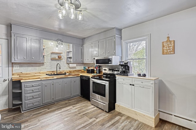 kitchen with gray cabinetry, backsplash, sink, baseboard heating, and appliances with stainless steel finishes