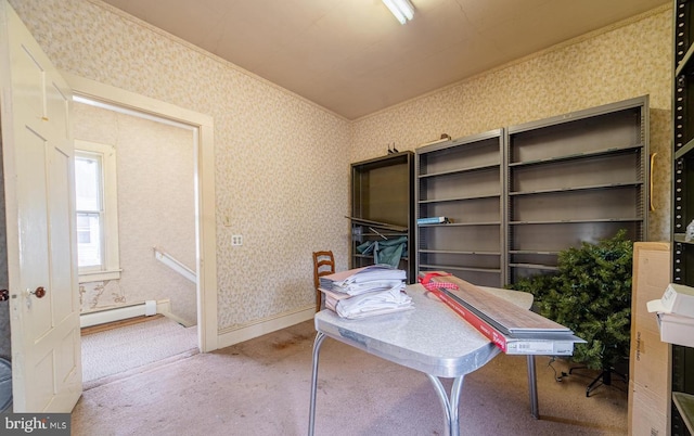 office area featuring baseboard heating and carpet flooring