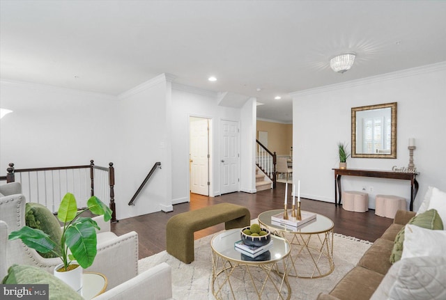 living room with dark wood-type flooring and crown molding