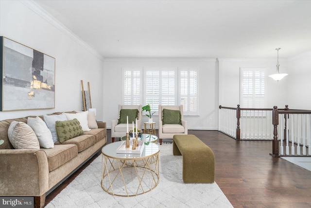 living room featuring wood-type flooring and crown molding