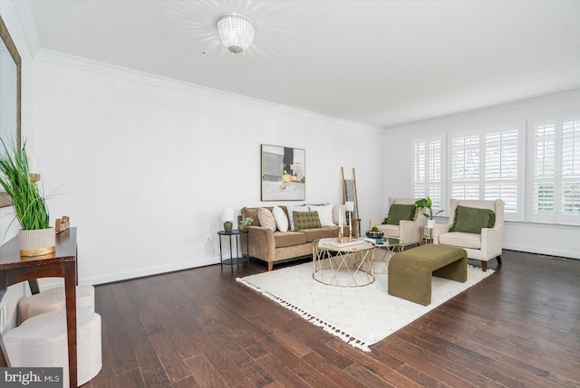 living room featuring crown molding and dark hardwood / wood-style floors