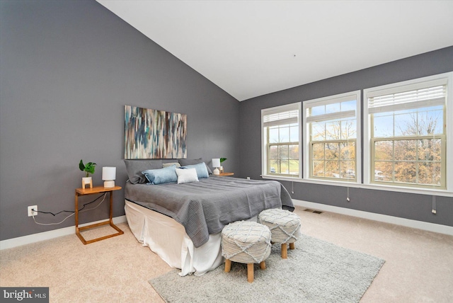 bedroom featuring carpet flooring and lofted ceiling