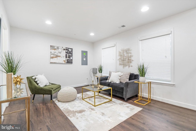 living room featuring electric panel and dark hardwood / wood-style flooring