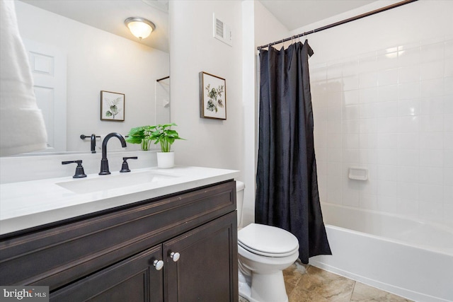 full bathroom with vanity, toilet, and shower / bathtub combination with curtain