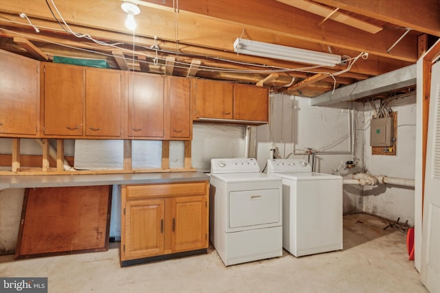 clothes washing area featuring washer and dryer and electric panel