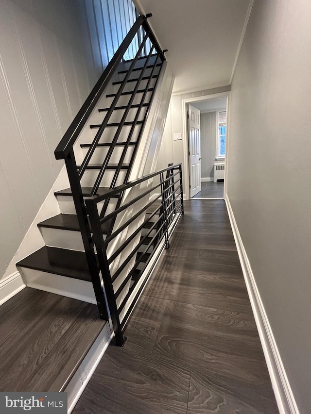 stairway featuring hardwood / wood-style floors and radiator heating unit