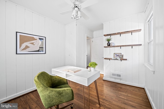 office area featuring ceiling fan and dark wood-type flooring