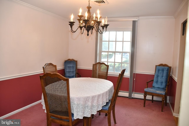 carpeted dining room with plenty of natural light, ornamental molding, and a baseboard radiator