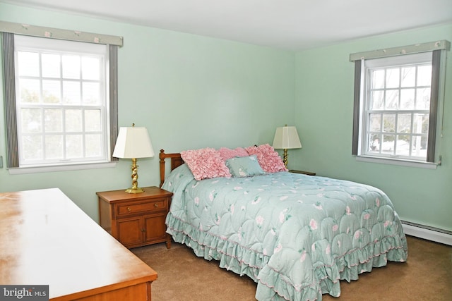 bedroom featuring carpet and a baseboard radiator