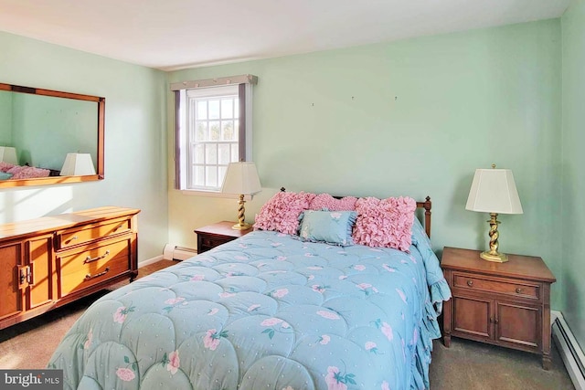 carpeted bedroom featuring a baseboard radiator