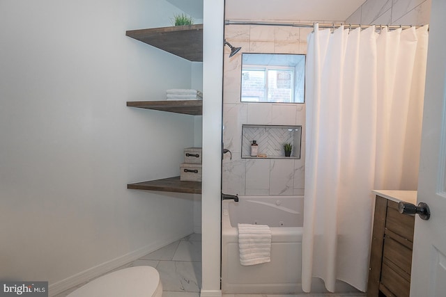 full bathroom featuring toilet, vanity, and shower / tub combo with curtain