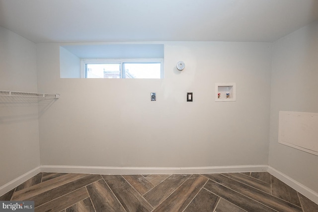 clothes washing area with hookup for an electric dryer, dark wood-type flooring, and hookup for a washing machine